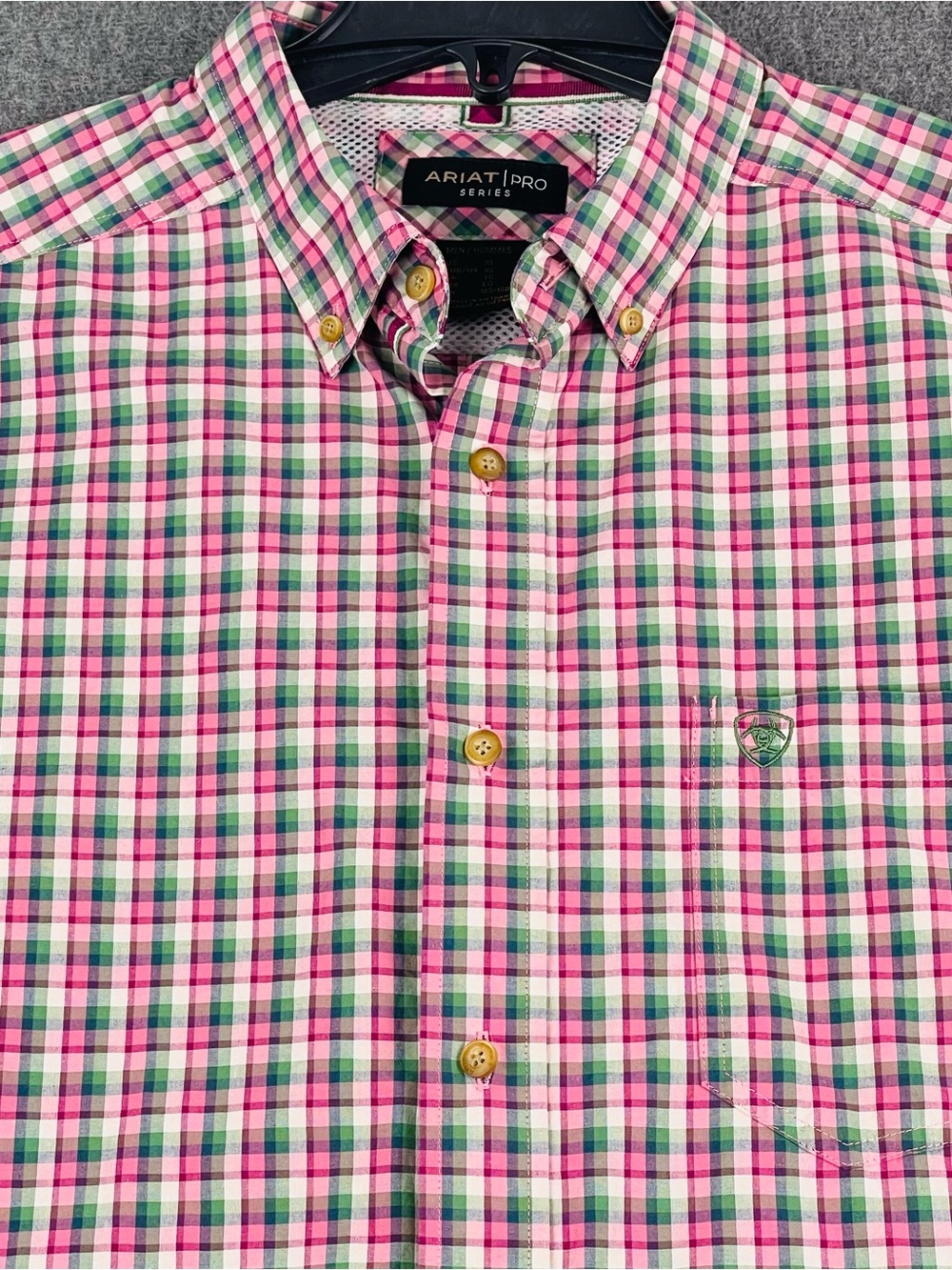 Ariat Pro Series Elon Button Up Western Shirt Pink Green Plaid Vent Men XL EUC